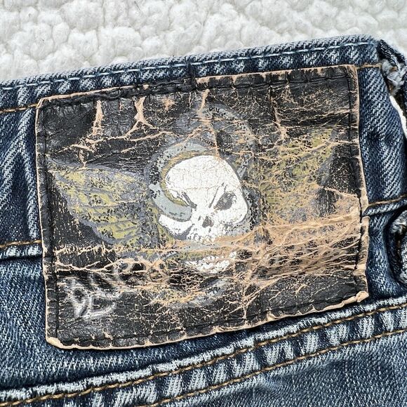 ZARA Jeans Men’s 31x32 Blue Distressed Denim Whiskering Skull Patch Grunge Punk - Picture 7 of 13